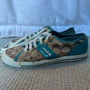 Coach Teal and Tan Logo Canvas Sneakers
